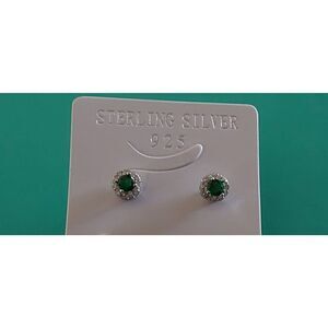 2 Ct. Emerald & White Sapphire Gemstone Halo Design Stud Earrings~.925 SS